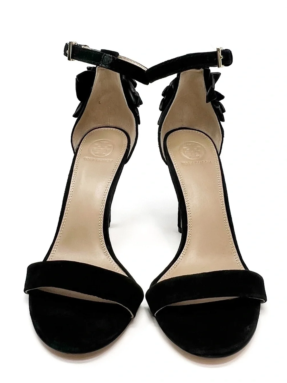 Tory Burch Jules Appliqué Floral Stilettos Size 9 Black Suede Sandals Heels EUC